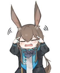 Rule 34 | 1girl, amiya (arknights), animal ears, arknights, ascot, black jacket, blouse, blue ascot, blue collar, brown hair, chibi, clothes writing, collar, female focus, fingers to head, hair between eyes, jacket, jewelry, mikozin, multiple rings, open clothes, open jacket, open mouth, rabbit ears, ring, shirt, simple background, solo, upper body, v-shaped eyebrows, white background, white shirt