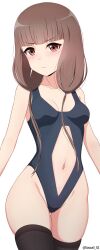 Rule 34 | 1girl, absurdres, blue one-piece swimsuit, blush, breasts, brown eyes, brown hair, clothing cutout, commentary, english commentary, highleg, highres, iino miko, kaguya-sama wa kokurasetai ~tensai-tachi no renai zunousen~, long hair, looking at viewer, low twintails, medium breasts, navel, navel cutout, one-piece swimsuit, roswell ss, simple background, solo, swimsuit, thighhighs, twintails, white background