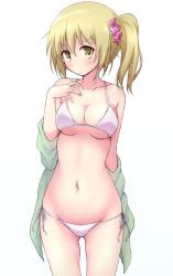 Rule 34 | 1girl, bikini, blonde hair, blush, breasts, cleavage, closed mouth, collarbone, commentary request, cowboy shot, gluteal fold, green jacket, groin, hair between eyes, hair ornament, hair scrunchie, highres, ichii yui, jacket, jacket over swimsuit, long hair, looking at viewer, medium breasts, mel (melty pot), navel, off shoulder, pink scrunchie, scrunchie, side-tie bikini bottom, side ponytail, simple background, solo, standing, stomach, string bikini, sweatdrop, swimsuit, v-shaped eyebrows, white background, white bikini, yellow eyes, yuyushiki