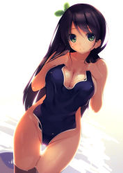 Rule 34 | 1girl, black hair, blush, breasts, cleavage, clothes in front, covering privates, green eyes, hair ornament, hip focus, large breasts, long hair, looking at viewer, neko neko koneko, nude, nude cover, one-piece swimsuit, original, outdoors, partially submerged, school swimsuit, shiny skin, smile, solo, swimsuit, unworn swimsuit, thighs, wading, water, wet