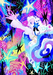 Rule 34 | 1girl, abstract background, blue dress, blue eyes, blue flower, blue hair, commentary request, dress, flower, hair flower, hair ornament, highres, isekai joucho, kamitsubaki studio, long sleeves, multicolored background, multicolored hair, otonoha aika, outstretched arms, profile, smile, solo, star (symbol), two-tone dress, two-tone hair, virtual youtuber, white dress, white hair