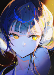 Rule 34 | 1girl, :|, bare shoulders, blue hair, close-up, closed mouth, collarbone, cowlick, cropped arms, expressionless, headphones, headphones removed, highres, long bangs, looking to the side, medium hair, orange eyes, original, portrait, raised eyebrows, sidelocks, signature, solo, soyoong jun, white headphones