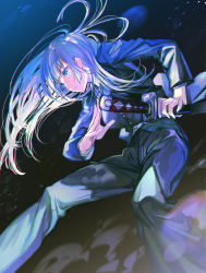 Rule 34 | 1girl, bad id, bad twitter id, black background, black jacket, black necktie, black pants, black suit, blue eyes, blue hair, breasts, closed mouth, collared shirt, commentary, cowboy shot, expressionless, eyelashes, fighting stance, floating hair, formal, highres, iaidou, jacket, jujutsu kaisen, katana, leaning forward, light blue hair, long hair, long sleeves, medium breasts, miwa kasumi, necktie, pant suit, pants, ready to draw, scabbard, sheath, sheathed, shirt, solo, standing, suit, sword, tsunetsuro, weapon, white shirt