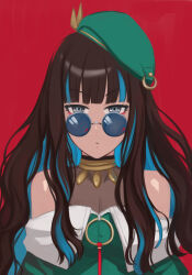 Rule 34 | 1girl, bare shoulders, beret, black hair, blue hair, breasts, colored inner hair, eyeliner, fate/grand order, fate (series), green hat, green jacket, grey eyes, hat, highres, jacket, jewelry, long hair, looking at viewer, makeup, medium breasts, multicolored hair, neck ring, o-ring, off shoulder, red background, round eyewear, shinsaku (stan-art), sidelocks, solo, sunglasses, tenochtitlan (fate), tenochtitlan (second ascension) (fate), wavy hair