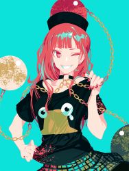 Rule 34 | 1girl, aqua background, black shirt, blunt bangs, chain, clothes pull, collar, hecatia lapislazuli, long hair, looking at viewer, multicolored clothes, multicolored skirt, nail polish, one eye closed, pulled by self, pyonta, red eyes, red hair, shirt, shirt pull, short sleeves, simple background, skirt, smile, solo, t-shirt, teeth, touhou, zounose