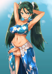 Rule 34 | 10s, 1futa, aqua eyes, armpits, arms behind head, arms up, bad id, bad pixiv id, bar censor, bare shoulders, bikini, bikini top only, blue background, blue eyes, blush, breasts, censored, collarbone, covered erect nipples, crop top, curvy, dark-skinned female, dark skin, erection, eyelashes, floral print, full-package futanari, futanari, green hair, hair between eyes, hair ribbon, isuzu (kancolle), kantai collection, large breasts, light smile, long hair, looking at viewer, midriff, navel, no panties, open mouth, parted lips, penis, ribbon, shiny skin, showgirl skirt, simple background, single-shoulder bikini, smile, solo, standing, sweat, swimsuit, tan, testicles, twintails, ubanis, veins, veiny penis, very long hair, wide hips