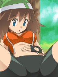 Rule 34 | 1girl, awa, bike shorts, breasts, brown hair, creatures (company), forest, game freak, latex, may (pokemon), nature, nintendo, pokemon, sitting, solo, spread legs, tagme