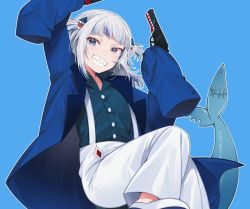 Rule 34 | &gt;:), 1girl, arm up, blue background, blue coat, blue eyes, blue hair, blue shirt, blunt bangs, buttons, coat, collared shirt, cowboy shot, dress pants, dress shirt, fins, fish tail, flats, floating hair, gawr gura, grin, gun, hair ornament, handgun, holding, holding gun, holding weapon, hololive, hololive english, leg up, looking to the side, mitsumine (ookami no oyashiro), multicolored hair, outline, oversized clothes, pale skin, pants, pistol, shark girl, shark hair ornament, shark tail, sharp teeth, shirt, shoes, sidelocks, silver hair, simple background, sleeves past elbows, sleeves past fingers, sleeves past wrists, smile, solo, streaked hair, suspenders, tail, teeth, trigger discipline, two side up, v-shaped eyebrows, very long sleeves, virtual youtuber, weapon, white footwear, white pants