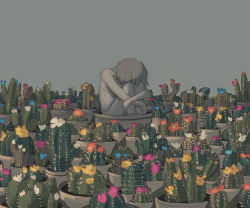 Rule 34 | 1boy, absurdres, avogado6, cactus, commentary request, completely nude, covered face, curled up, flower, grey background, grey hair, highres, male focus, nude, original, plant, potted plant, simple background, sitting, solo