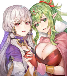 Rule 34 | 2girls, breasts, cape, choker, cleavage, dress, female focus, fire emblem, fire emblem: three houses, fire emblem awakening, gloves, green eyes, green hair, hair ornament, holding hands, kokouno oyazi, large breasts, long hair, long sleeves, looking at viewer, lysithea von ordelia, matching hair/eyes, multiple girls, nintendo, open mouth, pink cape, pink hair, pointy ears, ponytail, purple dress, red dress, simple background, small breasts, smile, strapless, strapless dress, tiara, tiki (adult) (fire emblem), tiki (fire emblem), trait connection, veil, white background, white hair