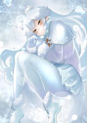 Rule 34 | 1girl, animal ears, arctic fox (kemono friends), blush, boots, bow, bowtie, capelet, coat, curled up, extra ears, fox ears, fox girl, fox tail, from above, fur trim, gaga (gamerakero), gloves, highres, kemono friends, long hair, long sleeves, looking at viewer, lying, on side, pantyhose, pleated skirt, skirt, smile, snow, solo, tail, white bow, white bowtie, white capelet, white coat, white footwear, white fur, white gloves, white hair, white pantyhose, white skirt, winter clothes, winter coat, yellow eyes