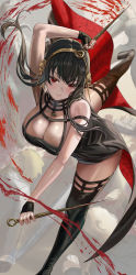 Rule 34 | 1girl, absurdres, arm up, bare arms, black choker, black dress, black footwear, black hair, black thighhighs, blood, blood splatter, bloody weapon, blush, boots, breasts, choker, cleavage, closed mouth, dagger, dress, dual wielding, fingerless gloves, floating hair, gloves, gold hairband, hairband, highres, holding, holding weapon, knife, large breasts, leg up, short hair with long locks, silvertsuki, smile, solo focus, spy x family, standing, standing on one leg, stiletto (weapon), thigh boots, thighhighs, twilight (spy x family), two-sided dress, two-sided fabric, two-tone dress, weapon, yor briar, zettai ryouiki
