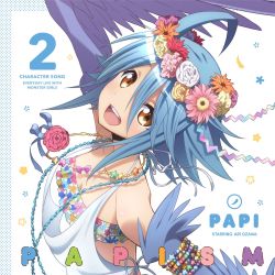 Rule 34 | 10s, 1girl, :d, ahoge, album cover, arm up, bandeau, blue hair, blue wings, breasts, character name, cleavage, cover, feathered wings, flower, hair flower, hair ornament, harpy, head wreath, highres, jewelry, monster girl, monster musume no iru nichijou, necklace, official art, open mouth, orange eyes, outstretched arms, papi (monster musume), polka dot, polka dot background, simple background, small breasts, smile, solo, upper body, winged arms, wings