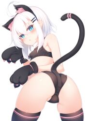 Rule 34 | 1girl, ahoge, anal, anal object insertion, anal tail, animal ears, animal hands, ass, black bra, black panties, black thighhighs, blue eyes, blush, bra, breasts, butt plug, cat ears, cat tail, fake animal ears, fake tail, from behind, gloves, hair between eyes, hair ornament, hairclip, highres, looking at viewer, object insertion, original, otokuyou, panties, paw gloves, ringo-chan (otokuyou), sex toy, small breasts, solo, tail, thighhighs, training bra, underwear, white background, white hair