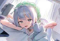 Rule 34 | 1girl, ahoge, blurry, blurry background, blush, cellphone, choker, computer, computer tower, curtains, detached wings, gloves, green hairband, grey eyes, grey hair, hairband, half gloves, hands up, highres, indoors, long hair, looking at viewer, lying, multicolored hair, on stomach, open mouth, phone, pink wings, pointing, pointing at viewer, pov, round teeth, s bokdong, short sleeves, sitry (vtuber), smartphone, solo, streaked hair, teeth, v-lup, virtual youtuber, white choker, white gloves, window, wings
