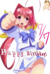 Rule 34 | 1boy, 1girl, ahoge, bad id, bad pixiv id, bow, bowtie, clenched hand, falling, fist pump, flying, foreshortening, hair bow, hair intakes, happy birthday, kagami sumika, long hair, long sleeves, looking at viewer, low ponytail, muv-luv, open mouth, outstretched arm, panties, pantyshot, pink eyes, ponytail, puffy sleeves, red hair, school uniform, serafuku, skirt, standing, striped clothes, striped panties, text focus, to-gnaniwa, underwear, very long hair, white background