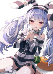 Rule 34 | 1girl, animal ears, blue hair, braid, carrot, chain, collar, crying, crying with eyes open, dutch angle, highres, hololive, looking at viewer, metal collar, multicolored hair, myung yi, open mouth, orange eyes, own hands together, prison clothes, rabbit ears, rabbit girl, safety pin, shirt, short eyebrows, sidelocks, simple background, sitting, solo, strapless, strapless shirt, striped clothes, striped headwear, striped shirt, tears, twin braids, two-tone hair, usada pekora, usada pekora (prisoner), virtual youtuber, wariza, white background, white hair