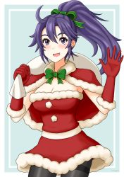 Rule 34 | 1girl, :d, black thighhighs, blue hair, bow, bowtie, breasts, christmas, cleavage, cowboy shot, dress, fir (fire emblem), fire emblem, fire emblem: the binding blade, fur trim, gloves, green bow, green ribbon, hair ribbon, hand up, holding, holding sack, long hair, medium breasts, miven, nintendo, open mouth, pom pom (clothes), ponytail, purple eyes, red gloves, ribbon, sack, simple background, sleeveless, sleeveless dress, smile, solo, strapless, strapless dress, thighhighs, upper body