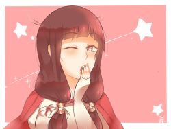 Rule 34 | 1girl, ;o, black eyes, black hair, blunt bangs, blush, brown hair, cape, covering own mouth, fingerless gloves, fire emblem, fire emblem fates, gloves, hair over shoulder, hair tubes, half-closed eyes, hand over own mouth, long hair, low twintails, mitama (fire emblem), nintendo, one eye closed, open mouth, pink background, simple background, solo, star-shaped pupils, star (symbol), suiseimei, symbol-shaped pupils, twintails, upper body, yawning