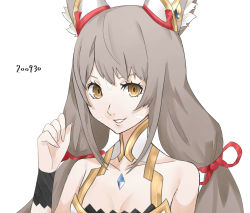 Rule 34 | 1girl, absurdres, animal ears, bare shoulders, breasts, chest jewel, facial mark, grin, highres, long hair, looking at viewer, low twintails, mia cbx, nia (blade) (xenoblade), nia (xenoblade), portrait, silver hair, simple background, small breasts, smile, solo, spoilers, twintails, white background, xenoblade chronicles (series), xenoblade chronicles 2, yellow eyes