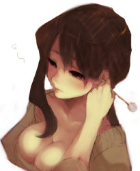Rule 34 | 1girl, breasts, brown hair, cleavage, ear cleaning, medium breasts, mimikaki, sketch, solo, white background