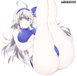 Rule 34 | 1girl, :&lt;, bikini, blue bikini, blue hairband, breasts, character name, closed mouth, commentary, flower, grey eyes, hair between eyes, hair flower, hair ornament, hairband, kantai collection, large breasts, legs up, long hair, looking at viewer, lying, official alternate costume, on back, shigino sohuzi, silver hair, simple background, solo, swimsuit, washington (kancolle), white background, white flower