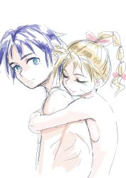 Rule 34 | 1boy, 1girl, blonde hair, blue eyes, breasts, chrono cross, commentary request, high ponytail, hug, kid (chrono cross), long hair, looking at viewer, multi-tied hair, nude, ponytail, s-a-murai, serge (chrono cross), smile