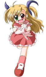 Rule 34 | 00s, 1girl, :o, blush, d.a, dress, green eyes, heterochromia, looking at viewer, lyrical nanoha, mahou shoujo lyrical nanoha, mahou shoujo lyrical nanoha strikers, open mouth, outstretched arm, red dress, red eyes, running, simple background, solo, two side up, vivio, white background