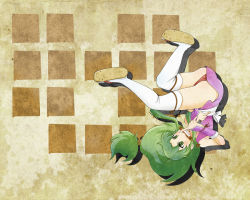 Rule 34 | 1girl, blush, breasts, brown background, chairoino ino, fishnets, from side, full body, ganbare goemon, gauntlets, green eyes, green hair, japanese clothes, kimono, kuji-in, long hair, low-tied long hair, mouth hold, ninja, own hands together, panties, pantyshot, parted bangs, red panties, sandals, sash, scroll, shadow, short kimono, solo, thighhighs, thighs, underwear, upside-down, v-shaped eyebrows, very long hair, white thighhighs, yae (ganbare goemon)