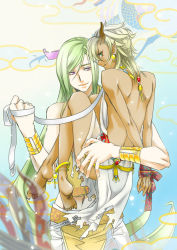 Rule 34 | 2boys, anklet, b.m., barefoot, bdsm, blonde hair, bondage, bound, bound arms, bracelet, chi you, chinese mythology, gradient hair, green eyes, green hair, horns, huangdi the yellow emperor, jewelry, long hair, male focus, multicolored hair, multiple boys, original, pointy ears, purple eyes, smile, tears, very long hair, white hair, yaoi