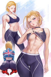 Rule 34 | 1girl, abs, antenna hair, arm at side, arm support, arms at sides, artist name, ass, black choker, blonde hair, blue eyes, blue jacket, blush, boots, breasts, cameltoe, cammy white, capcom, character name, choker, cleavage, closed eyes, clothes lift, collarbone, cropped jacket, facial scar, hair slicked back, highres, jacket, kneeling, large breasts, leaning forward, looking at viewer, navel, pants, prywinko, puckered lips, purple pants, purple sports bra, red footwear, scar, scar on cheek, scar on face, short hair, sports bra, sports bra lift, spread legs, street fighter, street fighter 6, thick thighs, thigh gap, thighs, union jack print, yoga pants