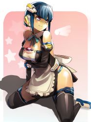 Rule 34 | 1girl, airi (dream c club), android, apron, bad id, bad pixiv id, black thighhighs, blue hair, blunt bangs, breasts, cleavage, cleavage cutout, clothing cutout, detached sleeves, dream c club, dream c club (series), elbow gloves, gloves, ili (dream c club), kneeling, red eyes, short hair, smile, solo, sputnik (artist), thighhighs