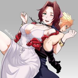 Rule 34 | 1boy, 1girl, aerith gainsborough, aqua eyes, back-to-back, bangle, bare shoulders, belt, black gloves, blonde hair, blue pants, blue shirt, blush, bracelet, braid, braided ponytail, breasts, brown hair, choker, cleavage, cloud strife, collarbone, cowboy shot, cropped jacket, dress, final fantasy, final fantasy vii, final fantasy vii remake, gloves, green eyes, grey background, hair ribbon, highres, jacket, jacket partially removed, jewelry, koda1ra, locked arms, long dress, looking back, medium breasts, muscular, muscular male, one eye closed, open mouth, pants, parted bangs, parted lips, pink dress, pink ribbon, red jacket, ribbon, shirt, short hair, smile, spiked hair, square enix, teeth, twitter username, upper teeth only, w arms