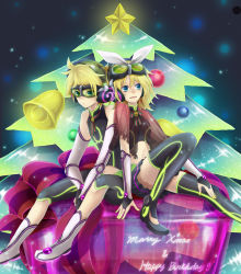 Rule 34 | 1boy, 1girl, bad id, bad pixiv id, bin (pixiv), blonde hair, blue eyes, boots, bow, brother and sister, christmas, christmas tree, gift, goggles, hair bow, hana (mew), highres, kagamine len, kagamine rin, midriff, navel, neon lights, short hair, siblings, sitting, skirt, thighhighs, twins, vocaloid