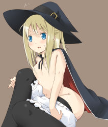 Rule 34 | 1girl, bad id, bad pixiv id, blonde hair, bloomers, blue eyes, cape, censored, convenient censoring, flat chest, hair censor, hair over breasts, hat, mousou (mousou temporary), naked cape, navel, original, solo, topless, underwear, witch hat