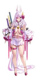 Rule 34 | 1girl, absurdres, animal ears, belt, blush, breasts, character request, copyright request, detached sleeves, eyepatch, full body, highres, large breasts, long hair, long sleeves, looking at viewer, multicolored hair, navle, off shoulder, pink belt, pink hair, pleated skirt, pointy breasts, rabbit ears, rabbit girl, red eyes, revealing clothes, sagging breasts, simple background, skirt, smile, solo, thigh strap, thighs, thomasz, two-tone hair, very long hair, white background, white hair, white skirt