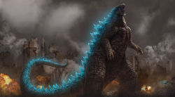 Rule 34 | bad id, bad pixiv id, city, claws, dated, destruction, explosion, glowing, glowing gills, glowing mouth, glowing spikes, godzilla, godzilla (2014), godzilla (series), highres, kaijuu, legendary pictures, monster, monsterverse, no humans, open mouth, ruins, saliva, sharp teeth, signature, smoke, solo, spikes, tail, teeth, toho, tongue, zhen lu