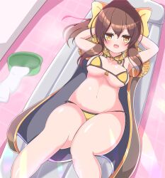 Rule 34 | 1girl, :d, arms behind head, asage (asgsn), bikini, blush, bow, breasts, brown eyes, brown hair, cape, cleavage, delthea (fire emblem), fang, feet out of frame, female focus, fire emblem, fire emblem echoes: shadows of valentia, hair between eyes, hair bow, inflatable raft, large breasts, long hair, looking at viewer, lying, navel, nintendo, on back, open mouth, ponytail, shiny skin, sidelocks, smile, solo, stomach, swimsuit, thighs, underboob, yellow bikini, yellow bow