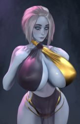Rule 34 | 1girl, absurdres, alien, alternate breast size, alternate costume, bare shoulders, blue eyes, blue skin, bra, breasts, cleavage, cleavage cutout, clothing cutout, colored skin, curvy, destiny (game), eyeshadow, glowing, glowing eyes, highres, huge breasts, looking at viewer, makeup, mara sov, popogori, revealing clothes, short hair, solo, thick thighs, thighs, underwear