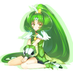 Rule 34 | 10s, 1girl, ball, bike shorts, bike shorts under skirt, bow, choker, cure march, dress, full body, green dress, green eyes, green hair, green shorts, green skirt, green theme, high heels, long hair, looking at viewer, magical girl, matching hair/eyes, midorikawa nao, own hands together, ponytail, precure, shirabi, shoes, shorts, shorts under skirt, simple background, sitting, skirt, smile, smile precure!, soccer ball, solo, telstar, tiara, tri tails, very long hair, wariza, white background