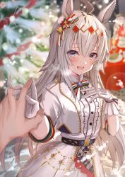 Rule 34 | 1girl, absurdres, ahoge, ash kabon, belt, blurry, blurry background, blush, bow, bowtie, breath, center frills, christmas tree, commentary request, cropped jacket, diffraction spikes, frills, glint, gloves, grey hair, hand on own chest, highres, holding hands, jacket, lens flare, long hair, looking at viewer, multicolored hair, oguri cap (miraculous white star) (umamusume), oguri cap (umamusume), open mouth, out of frame, pov, pov hands, purple eyes, shirt, short sleeves, skirt, smile, solo focus, two-tone hair, umamusume, white gloves, white jacket, white shirt, white skirt