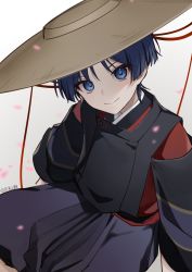 Rule 34 | 1boy, baggy shorts, blue eyes, cherry blossoms, genshin impact, hat, highres, japanese clothes, looking at viewer, male focus, purple hair, scaramouche (genshin impact), short hair, sitting, solo, twitter username, white background