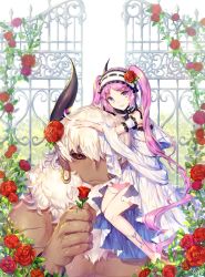 Rule 34 | 1boy, 1girl, asterios (fate), bare legs, barefoot, black sclera, colored sclera, dark skin, dark-skinned male, dress, earrings, euryale (fate), fate/grand order, fate (series), flower, hair flower, hair ornament, hairband, holding, holding flower, hoop earrings, jewelry, long hair, looking at viewer, pixiv fate/grand order contest 2, purple eyes, purple hair, red eyes, red flower, red rose, rose, sash, sitting on shoulder, size difference, smile, soriya, twintails, white dress, white hair