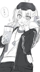 Rule 34 | ahoge, blush, bubble tea, crepe, dog tags, drink, food, goddess of victory: nikke, greyscale, hair between eyes, highres, holding, jacket, long hair, monochrome, mutsui, official alternate costume, open clothes, open jacket, pants, shirt, snow white (nikke), track jacket, visor (armor), yellow eyes