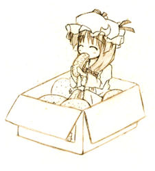 Rule 34 | 1girl, box, bread, brown theme, cardboard box, female focus, food, fruit, holding, holding food, holding fruit, in box, in container, lowres, mandarin orange, mini person, minigirl, monochrome, patchouli knowledge, solo, touhou