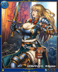 Rule 34 | 1girl, blonde hair, blue eyes, breasts, cleavage, cleavage cutout, clothing cutout, curvy, female focus, fighting stance, large breasts, lieqi hun, long hair, looking at viewer, open mouth, shouting, solo, standing, sword, thick thighs, thighs, weapon, wide hips