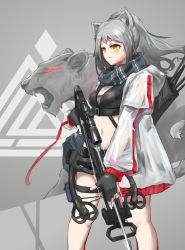 Rule 34 | 1girl, absurdres, animal ears, arknights, arrow (projectile), black gloves, black shirt, black shorts, blouse, bow (weapon), breasts, cat girl, cleavage, closed mouth, crossbow, fingerless gloves, gabafw, gloves, grey hair, hair between eyes, highres, holding, holding crossbow, holding weapon, jacket, long hair, long sleeves, looking at viewer, navel, ponytail, quiver, schwarz (arknights), see-through, see-through jacket, shirt, shorts, solo, tail, trigger discipline, weapon, wolf ears, wolf girl, wolf tail, yellow eyes