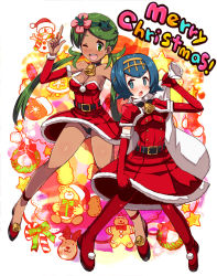 Rule 34 | 1girl, 2girls, ;d, alternate costume, bell, belt, black panties, blue eyes, blue hair, blush, boots, breasts, bright pupils, capelet, choker, christmas, cleavage, creatures (company), elbow gloves, flower, fur trim, game freak, gloves, green eyes, green hair, hair flower, hair ornament, hairband, index finger raised, jingle bell, katsuto, lana (pokemon), looking at viewer, mallow (pokemon), medium breasts, merry christmas, multiple girls, neck bell, nintendo, one eye closed, open mouth, panties, pantyshot, pokemon, pokemon sm, red footwear, red gloves, red thighhighs, sack, santa costume, short hair, smile, standing, thigh boots, thighhighs, twintails, underwear