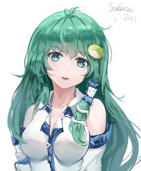 Rule 34 | 1girl, artist name, bare shoulders, blue eyes, breasts, collar, detached sleeves, frog hair ornament, green hair, hair between eyes, hair ornament, hair tubes, highres, kochiya sanae, long hair, long sleeves, looking at viewer, medium breasts, open mouth, sakanafish, shirt, simple background, snake hair ornament, solo, touhou, upper body, white background, white shirt
