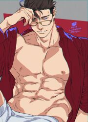 Rule 34 | 1boy, abs, black hair, blue eyes, collared shirt, copyright request, glasses, grey background, hand on forehead, male focus, male underwear, multicolored background, muscular, muscular male, navel, nipples, one eye closed, open clothes, open shirt, pectorals, red background, red shirt, shirt, simple background, solo, undercut, underwear, white male underwear, yan (bltyann)